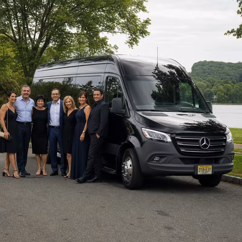 Group beside a Mercedes Sprinter limo from the New Brunswick fleet