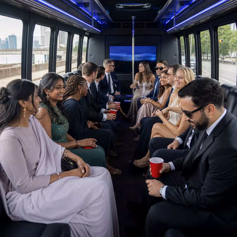 Wedding guests seated inside a New Brunswick party bus