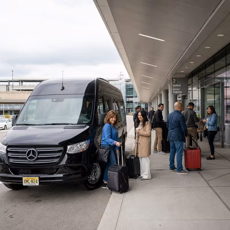 Group boarding a white charter bus for Airport Transportation transportation in New Brunswick