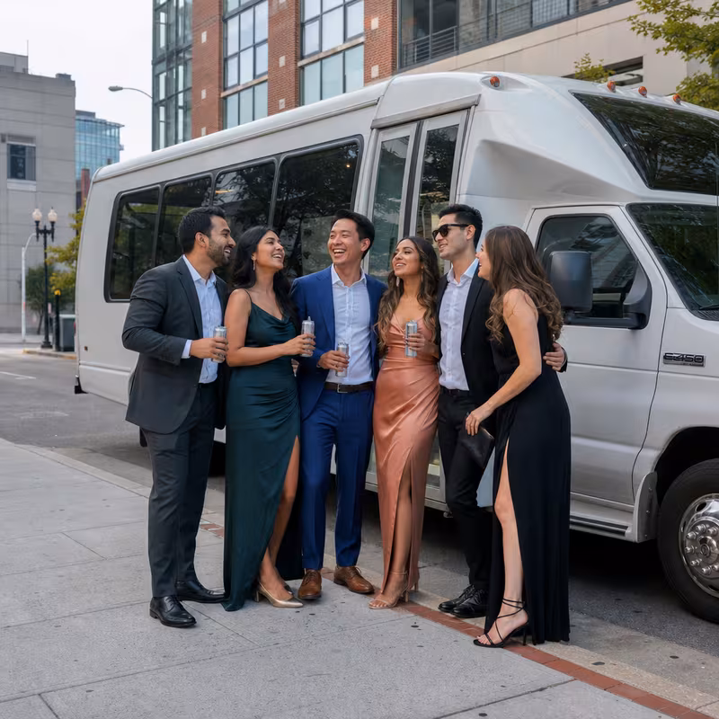 Black Mercedes Sprinter van staged for an New Brunswick Bachelor & Bachelorette Transportation group