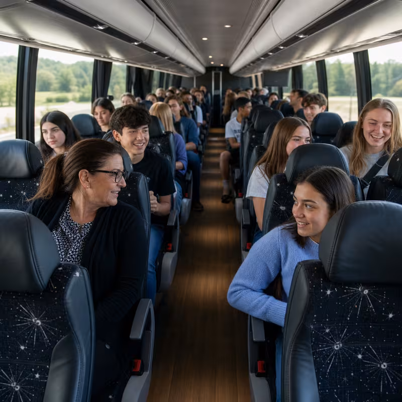 Group boarding a white charter bus for School Transportation transportation in New Brunswick