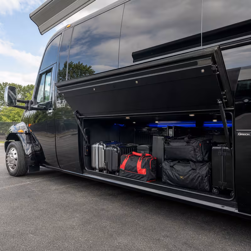 Party bus interior with wraparound leather seating and LED lighting in New Brunswick